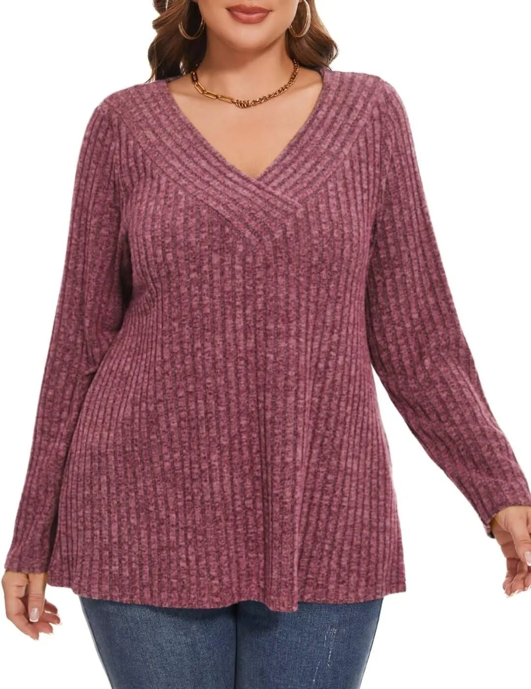 MONNURO Plus Size Women's Long Sleeve Sweater Tops V-Neck Loose Fit Dressy Fall Tunic Sweater