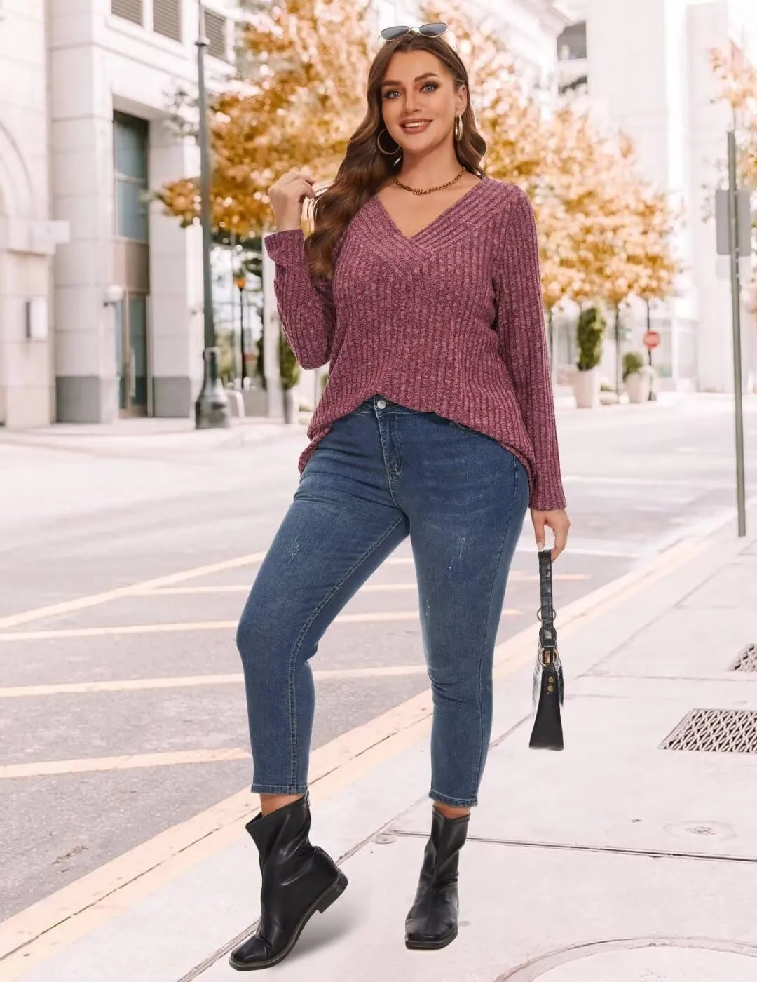 MONNURO Plus Size Women's Long Sleeve Sweater Tops V-Neck Loose Fit Dressy Fall Tunic Sweater