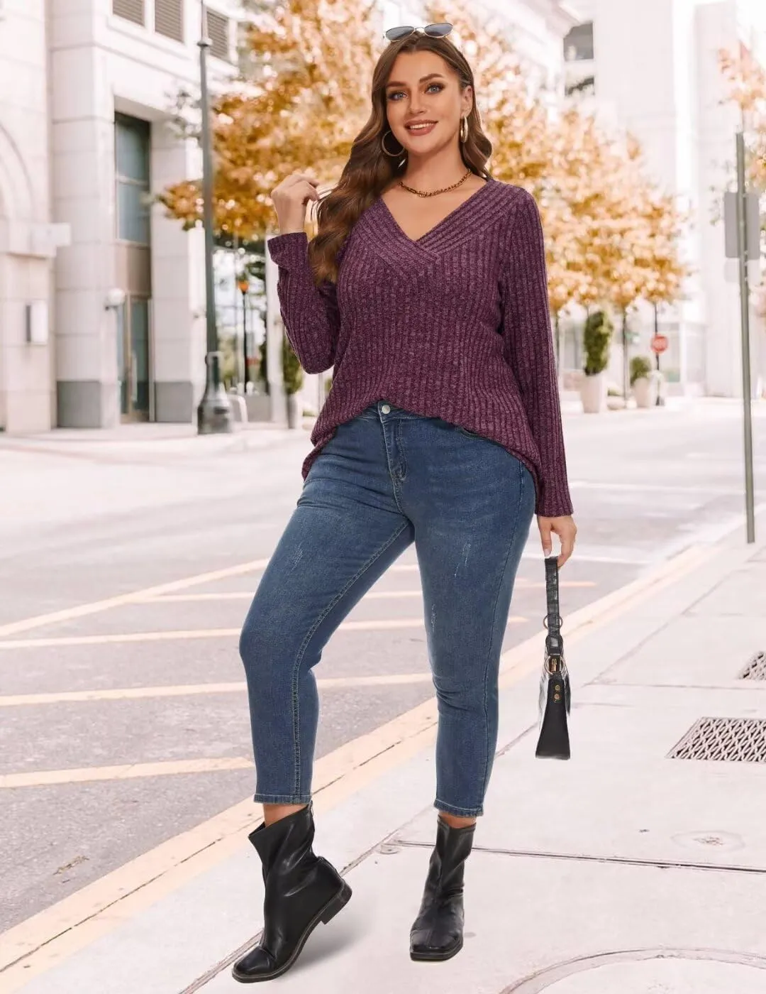 MONNURO Plus Size Women's Long Sleeve Sweater Tops V-Neck Loose Fit Dressy Fall Tunic Sweater