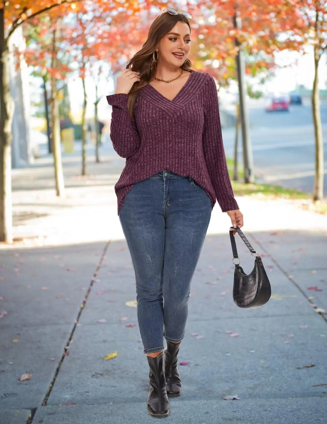 MONNURO Plus Size Women's Long Sleeve Sweater Tops V-Neck Loose Fit Dressy Fall Tunic Sweater