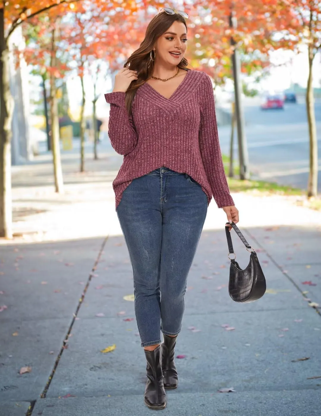 MONNURO Plus Size Women's Long Sleeve Sweater Tops V-Neck Loose Fit Dressy Fall Tunic Sweater