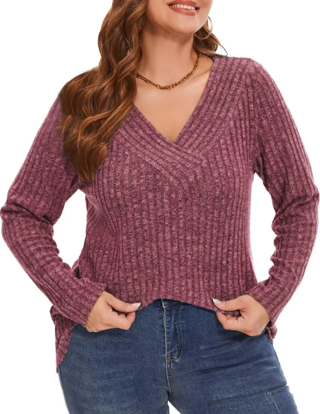 MONNURO Plus Size Women's Long Sleeve Sweater Tops V-Neck Loose Fit Dressy Fall Tunic Sweater