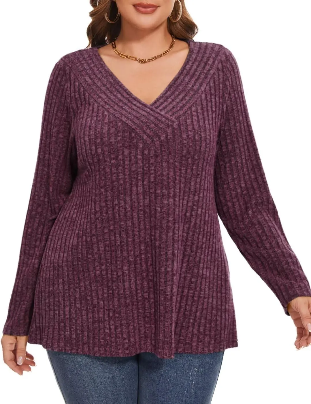 MONNURO Plus Size Women's Long Sleeve Sweater Tops V-Neck Loose Fit Dressy Fall Tunic Sweater