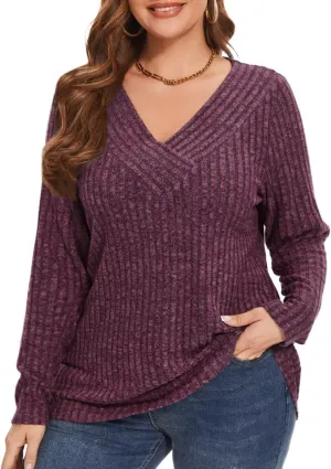 MONNURO Plus Size Women's Long Sleeve Sweater Tops V-Neck Loose Fit Dressy Fall Tunic Sweater