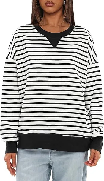 Mulisky Sweatshirt for Women, Oversized Crewneck Striped Long Sleeve Shirts Casual Pullover Top