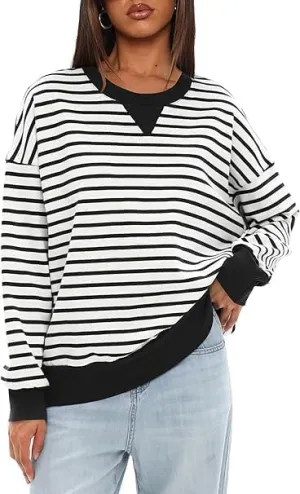 Mulisky Sweatshirt for Women, Oversized Crewneck Striped Long Sleeve Shirts Casual Pullover Top
