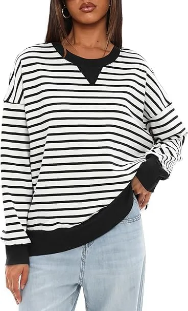 Mulisky Sweatshirt for Women, Oversized Crewneck Striped Long Sleeve Shirts Casual Pullover Top
