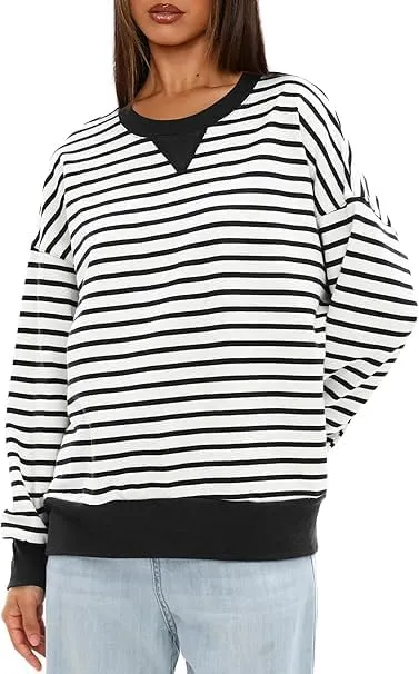 Mulisky Sweatshirt for Women, Oversized Crewneck Striped Long Sleeve Shirts Casual Pullover Top