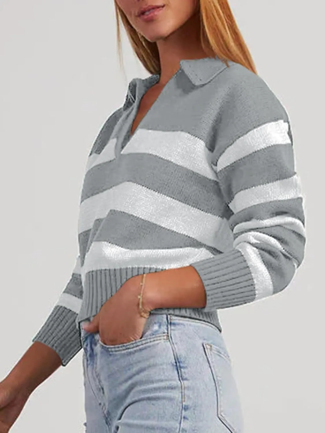Mutitop Womens Striped Collared Sweater V Neck Long Sleeve Oversize Ribbed Knit Pullover Casual Fall Chunky Sweater