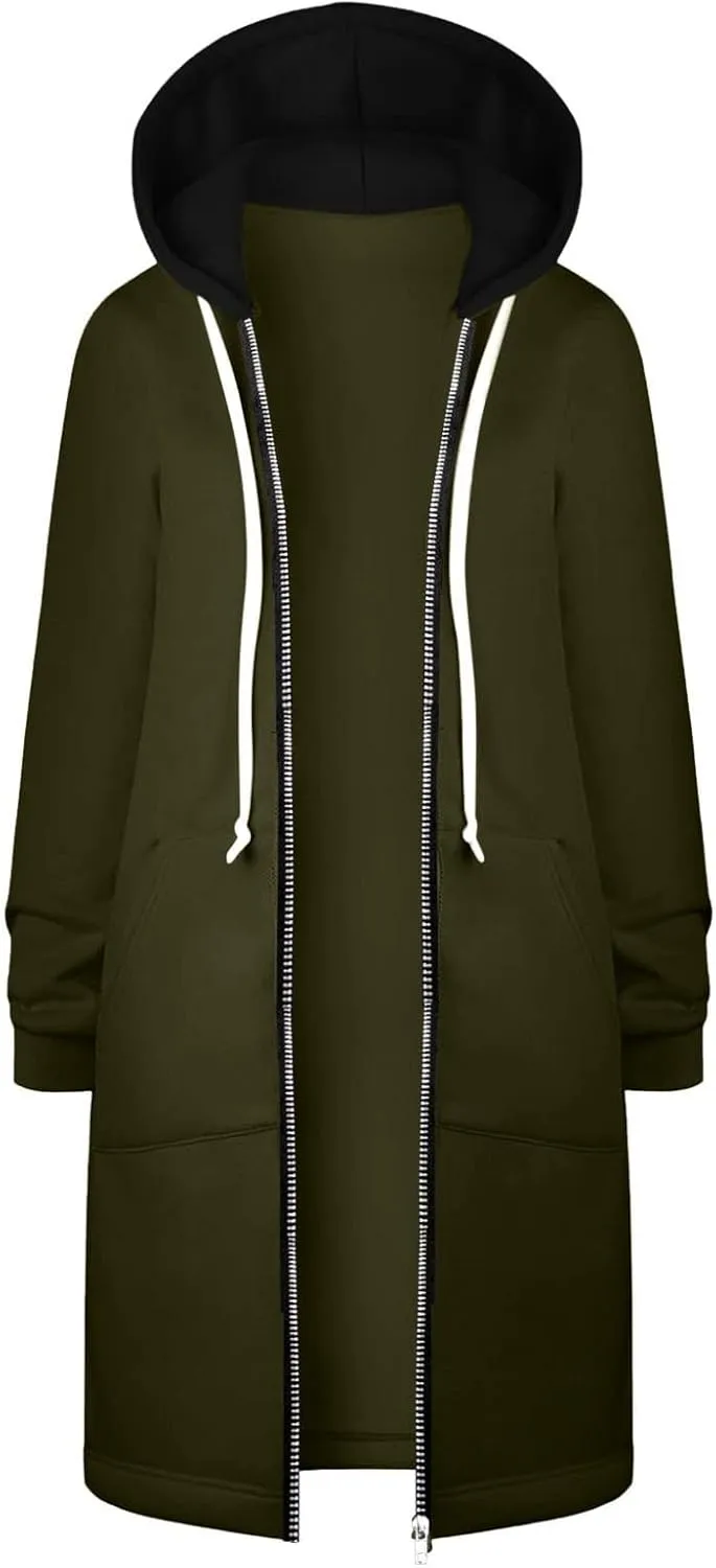 Muyise Women's Zip Up Long Hoodie Jacket Lightweight Tunic Sweatshirt Winter Warm Long Sleeve Hooded Outerwear with Pockets