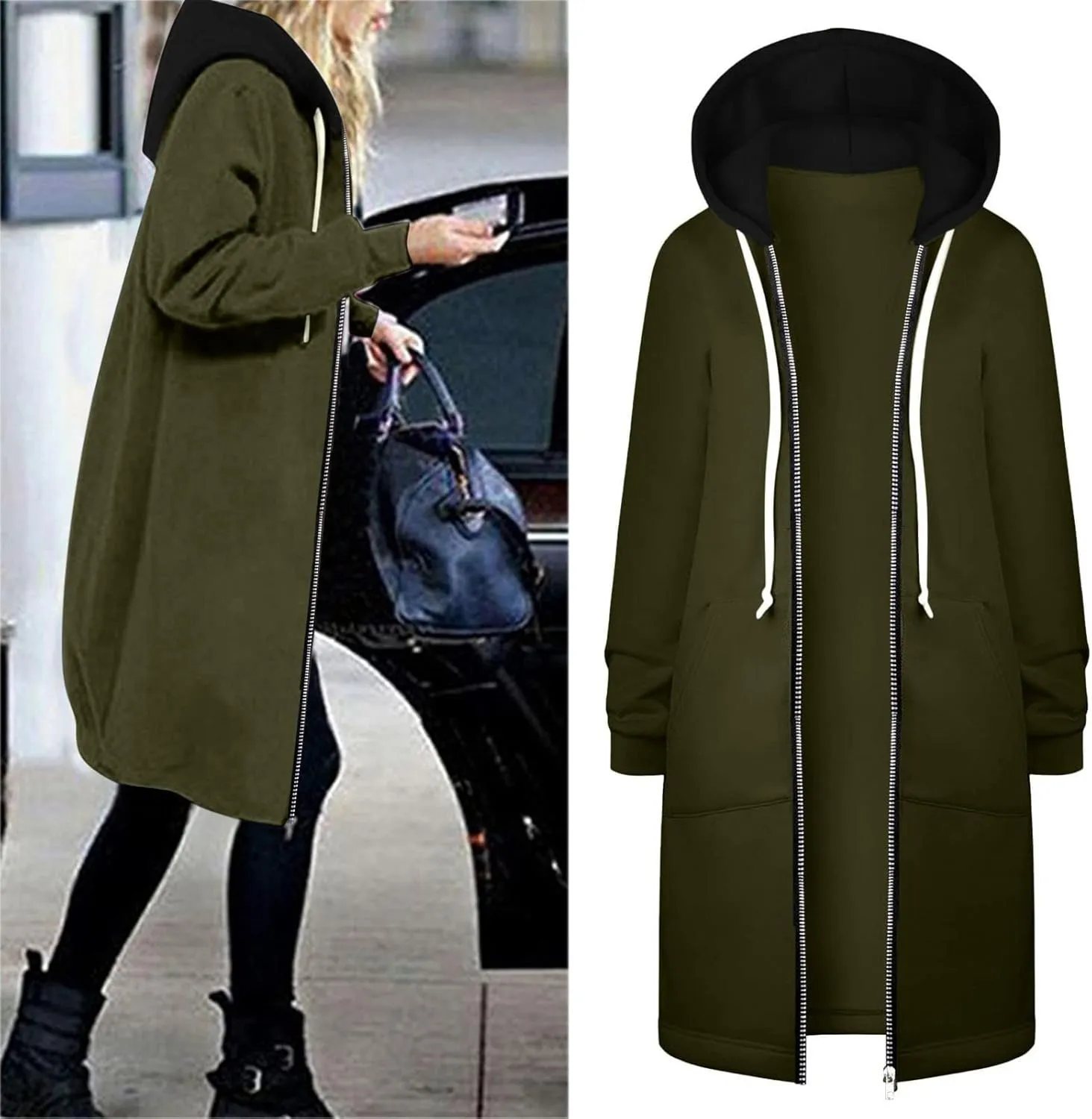 Muyise Women's Zip Up Long Hoodie Jacket Lightweight Tunic Sweatshirt Winter Warm Long Sleeve Hooded Outerwear with Pockets