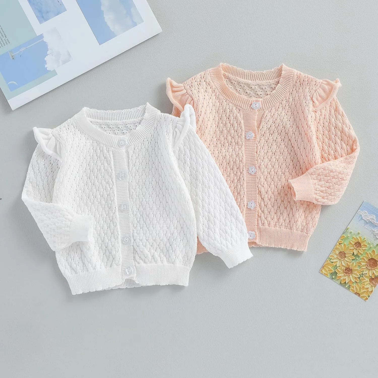 Newborn Baby Girls Knit Cardigans Long Sleeve Crewneck Hollow Knit Thin Sweater Toddler Button Tops Coat Outwear