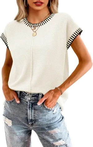 Neweek Womens Summer Cap Sleeve Tops Casual Crew Neck Sleeveless Knit Sweater Vest Loose Fit Lightweight Pullover Tank Tops