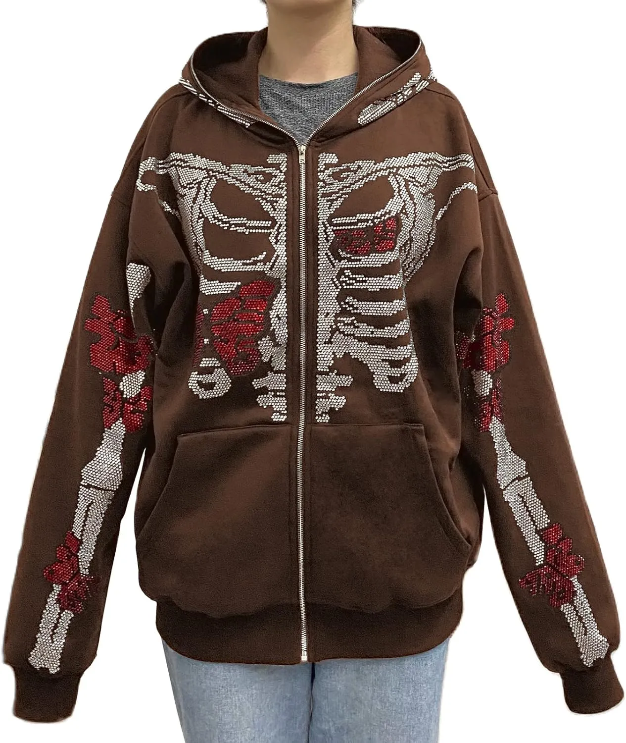 Nituyy Women Oversized Zip Up Hoodie Jacket Long Sleveve Diamond Skull Casual Grunge Hooded Sweatshirt with Pockets