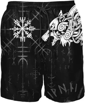 Norse Mythology Men's Shorts with Pockets, 3D Print Viking Tattoo Pants, Beach Vacation Quick Dry Gym Sport Shorts
