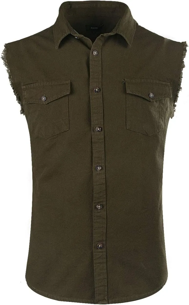 NUTEXROL Men's Sleeveless Denim/Cotton Shirt Biker Vest 2 Front Pockets