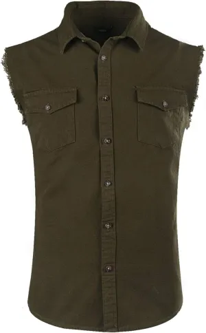 NUTEXROL Men's Sleeveless Denim/Cotton Shirt Biker Vest 2 Front Pockets