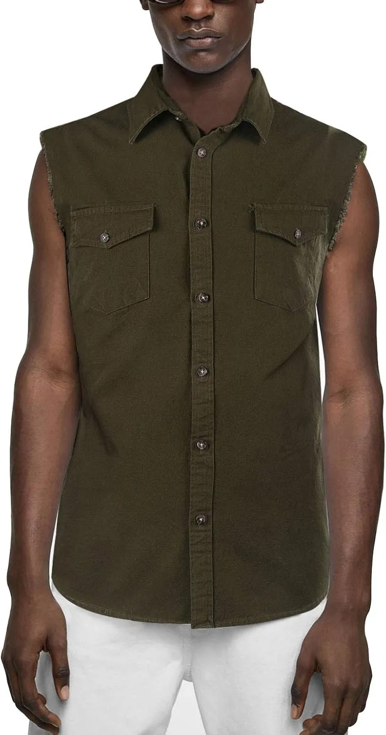 NUTEXROL Men's Sleeveless Denim/Cotton Shirt Biker Vest 2 Front Pockets