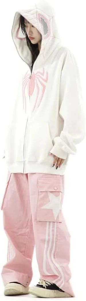 Obenie Y2k Spider Print Hoodies Hip Hop Zipper Long Sleeve Jacket Coats Harajuku Casual Loose Hooded Sweatshirt