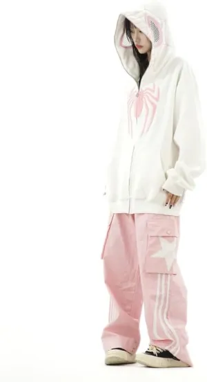 Obenie Y2k Spider Print Hoodies Hip Hop Zipper Long Sleeve Jacket Coats Harajuku Casual Loose Hooded Sweatshirt