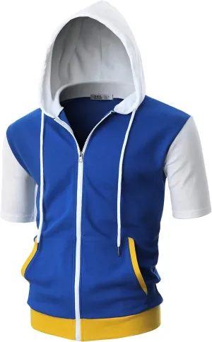Ohoo Mens Slim Fit Zip up Hoodie Short Sleeve Thin Jacket Full Zip Sweatshirt with Kanga Pocket