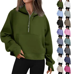 Oversized Hoodie Women Fleece Lined Thumb Hole Cropped Half Zip Sweatshirt Drop Shoulder Long Sleeve Going Out Tops