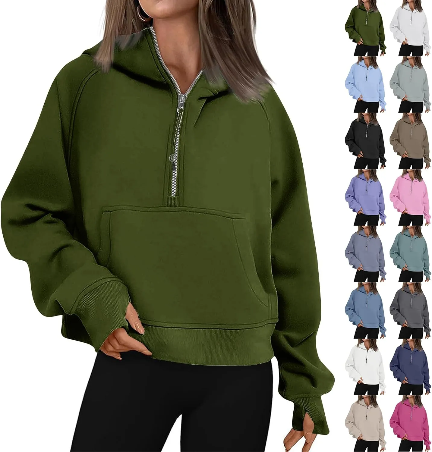 Oversized Hoodie Women Fleece Lined Thumb Hole Cropped Half Zip Sweatshirt Drop Shoulder Long Sleeve Going Out Tops