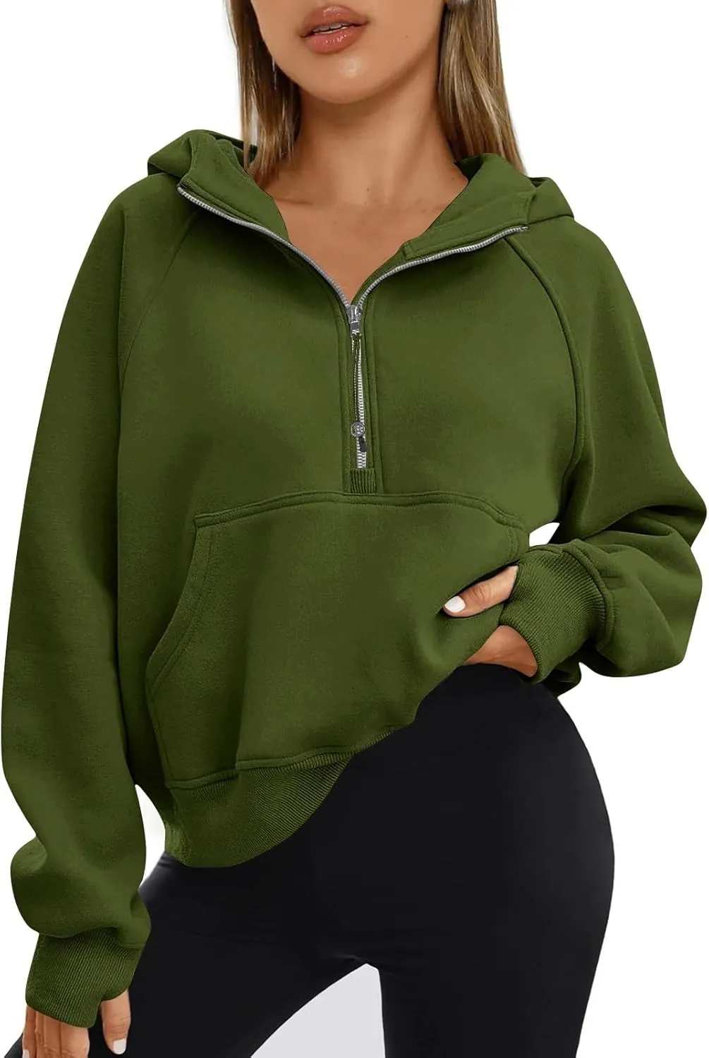 Oversized Hoodie Women Fleece Lined Thumb Hole Cropped Half Zip Sweatshirt Drop Shoulder Long Sleeve Going Out Tops