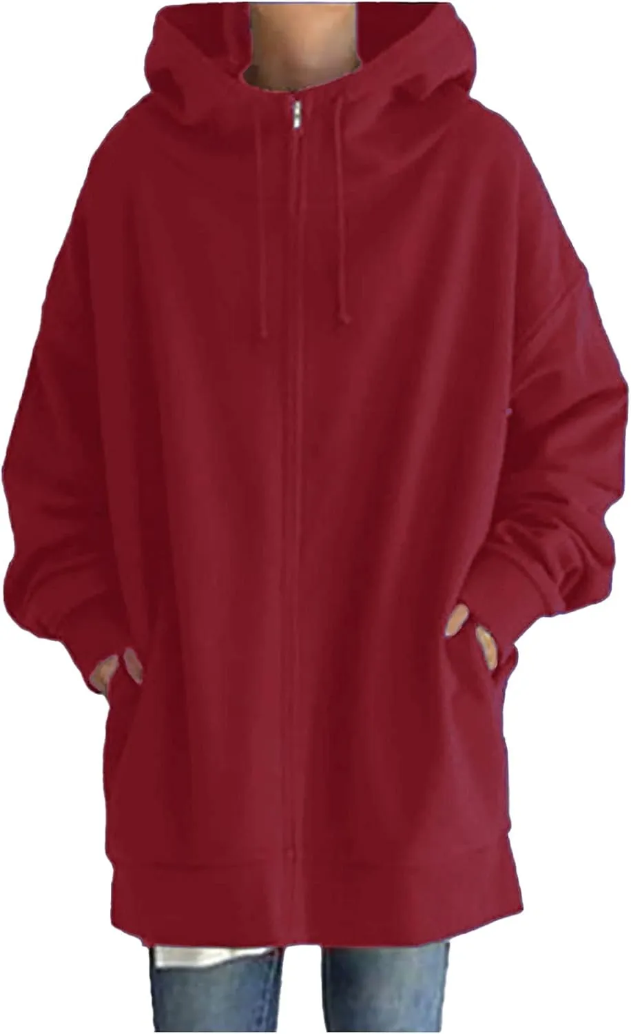 Oversized Hoodies for Women Fall Zip up Hooded Sweatshirts Casual Soild Color Long Fleece Jacket with Pockets