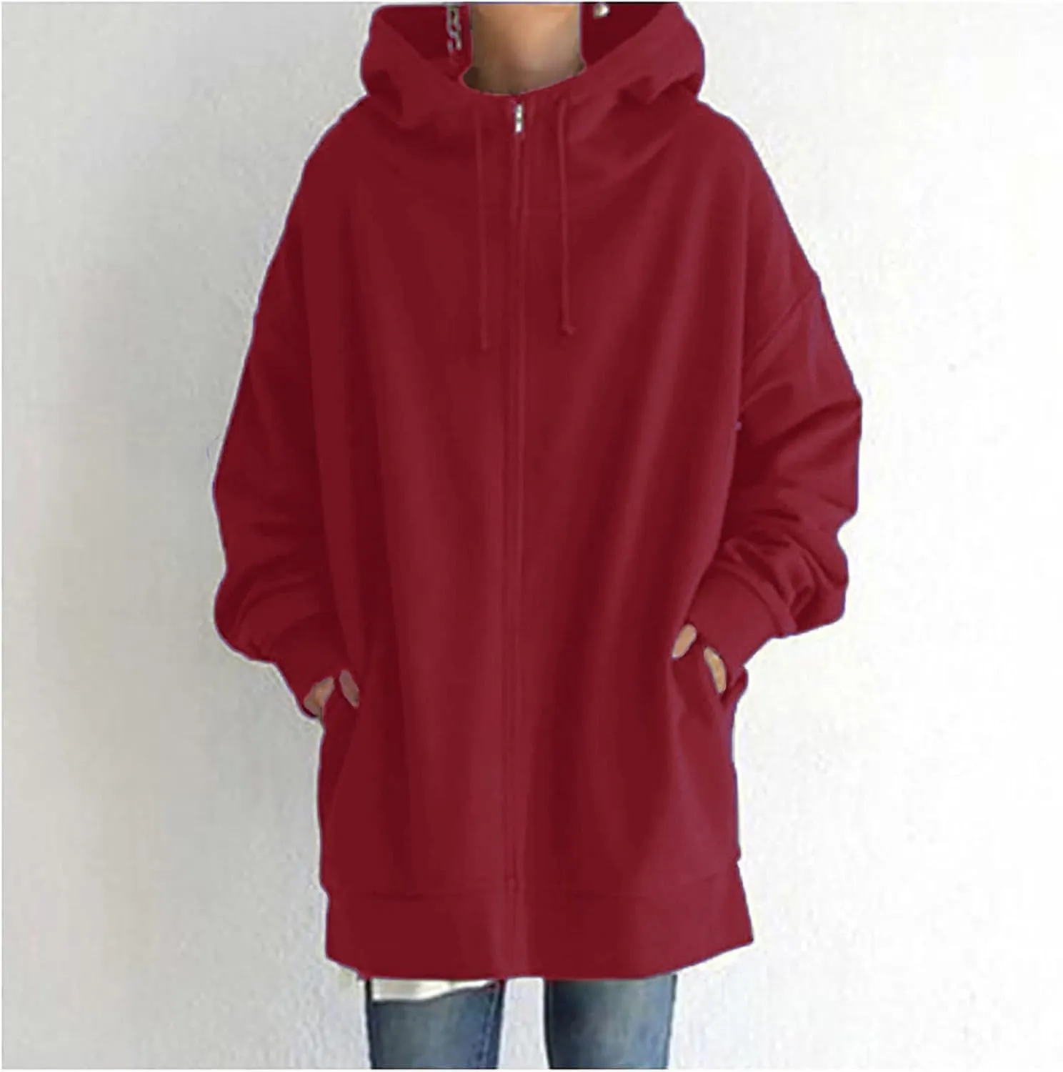 Oversized Hoodies for Women Fall Zip up Hooded Sweatshirts Casual Soild Color Long Fleece Jacket with Pockets