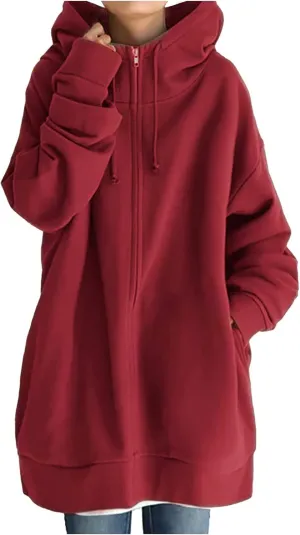 Oversized Hoodies for Women Fall Zip up Hooded Sweatshirts Casual Soild Color Long Fleece Jacket with Pockets