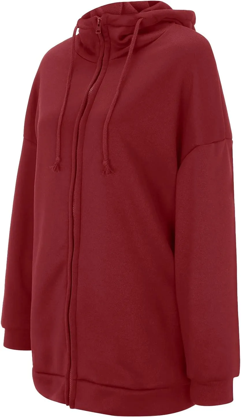 Oversized Hoodies for Women Fall Zip up Hooded Sweatshirts Casual Soild Color Long Fleece Jacket with Pockets