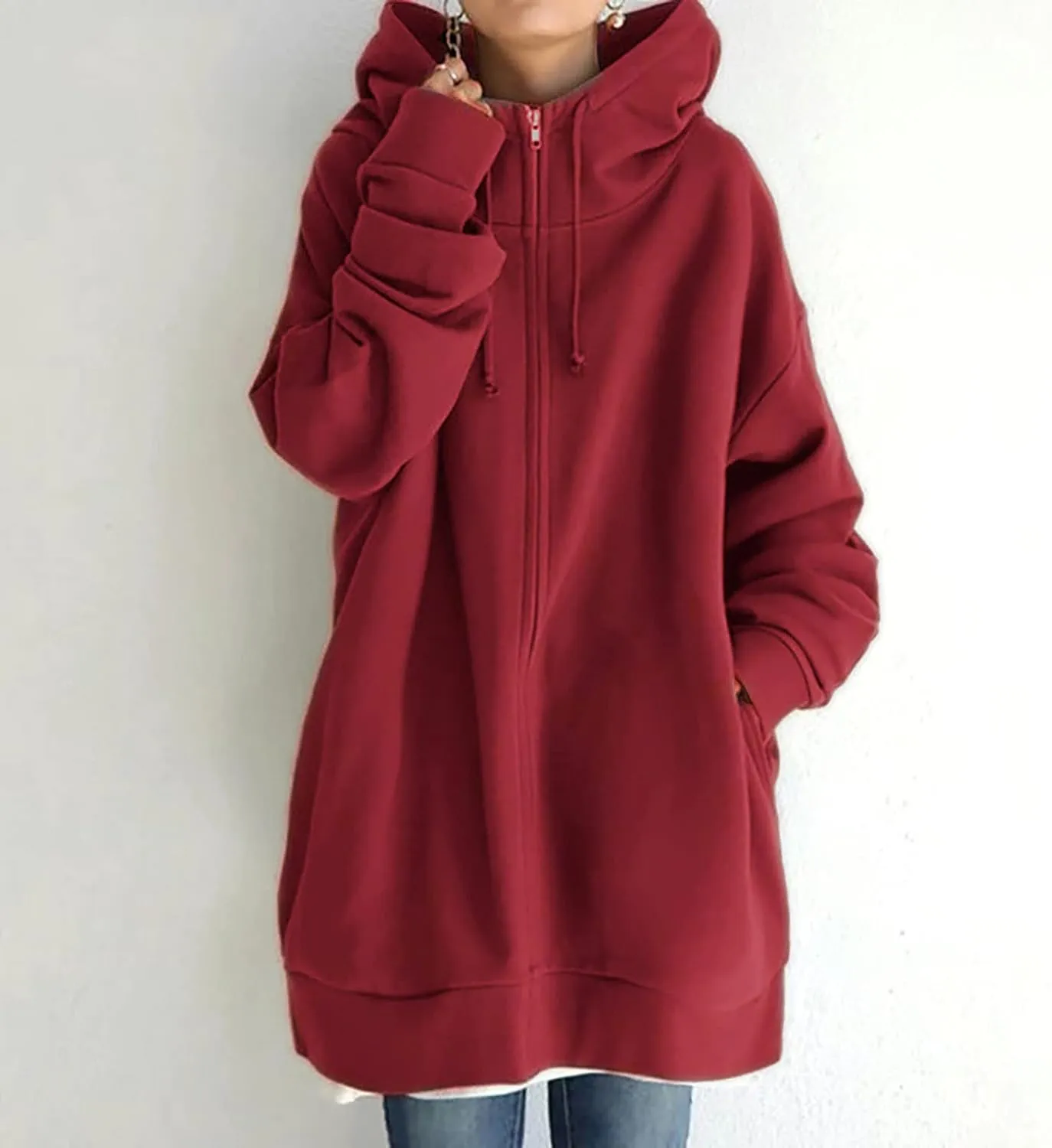 Oversized Hoodies for Women Fall Zip up Hooded Sweatshirts Casual Soild Color Long Fleece Jacket with Pockets
