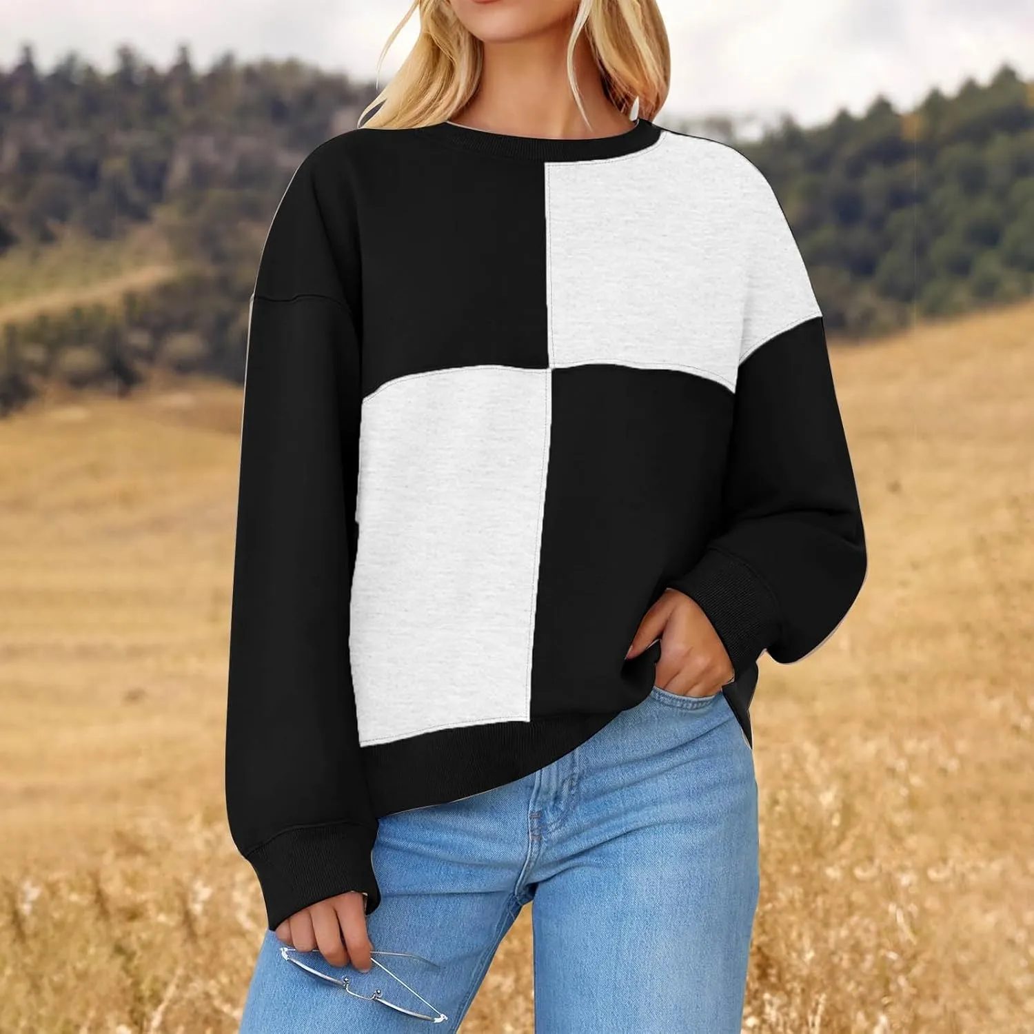 Oversized Sweatshirt For Women Cute Long Sleeve Creweck Color Block Pullover Tops Teen Girls Fall Fashion Outfits