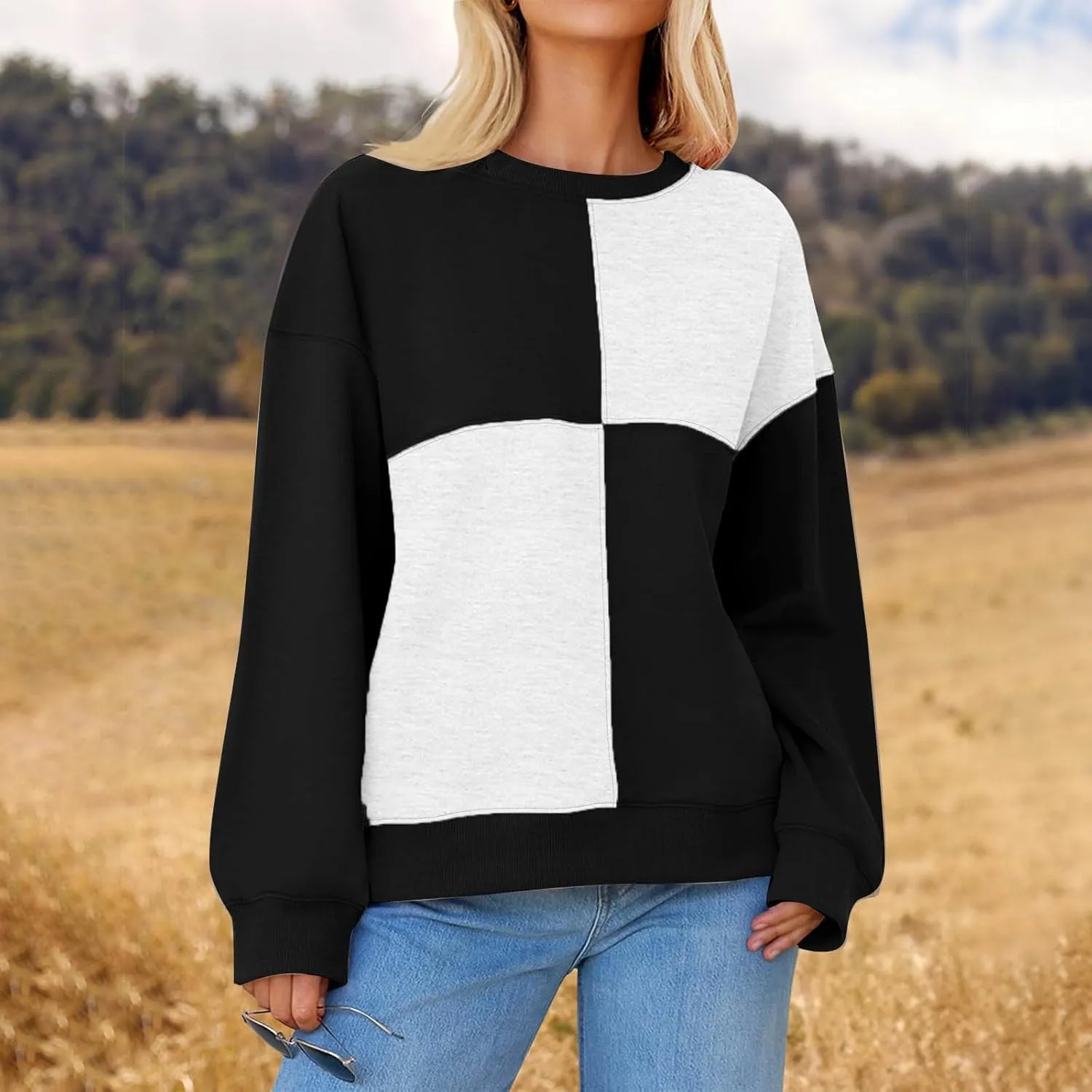 Oversized Sweatshirt For Women Cute Long Sleeve Creweck Color Block Pullover Tops Teen Girls Fall Fashion Outfits