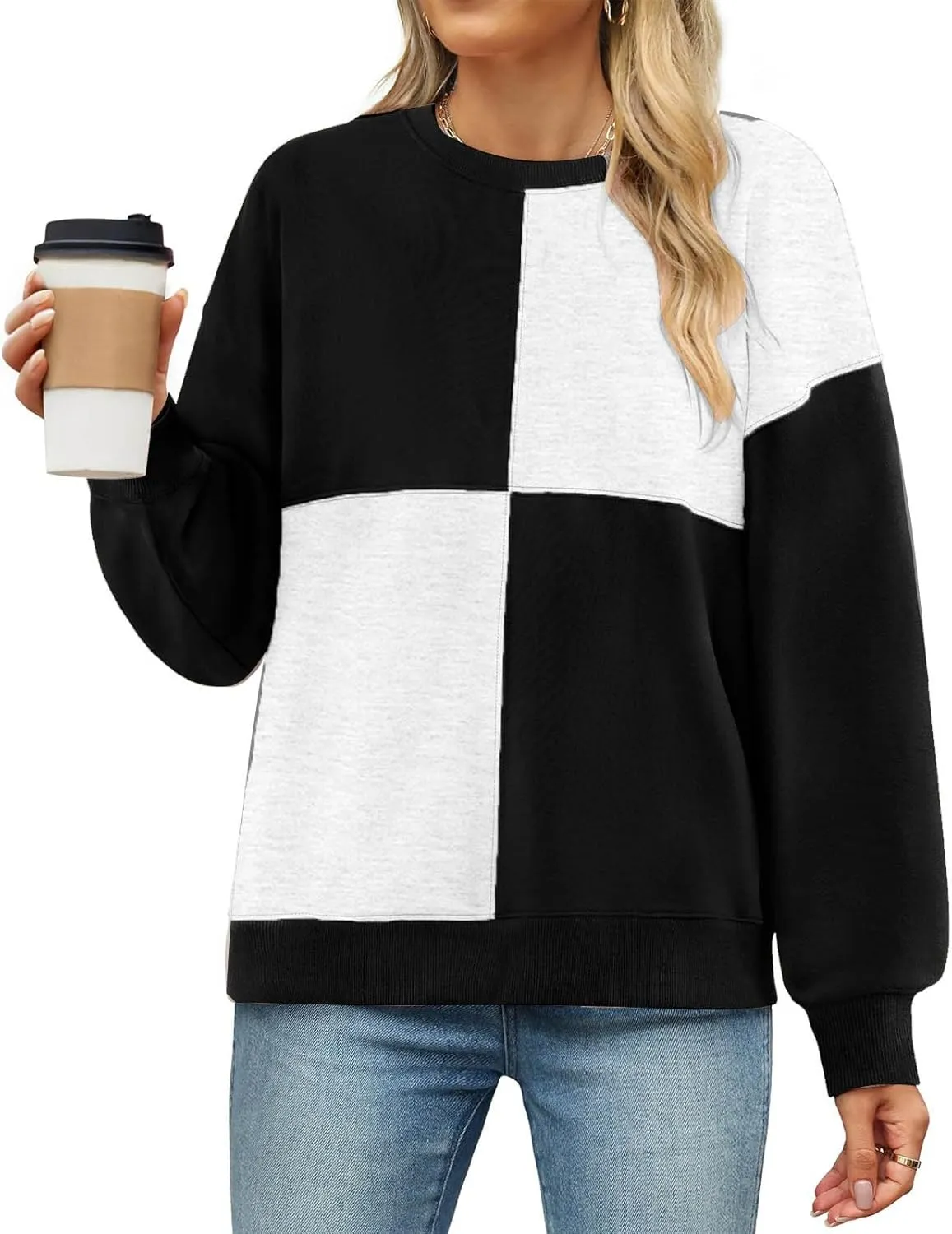 Oversized Sweatshirt For Women Cute Long Sleeve Creweck Color Block Pullover Tops Teen Girls Fall Fashion Outfits