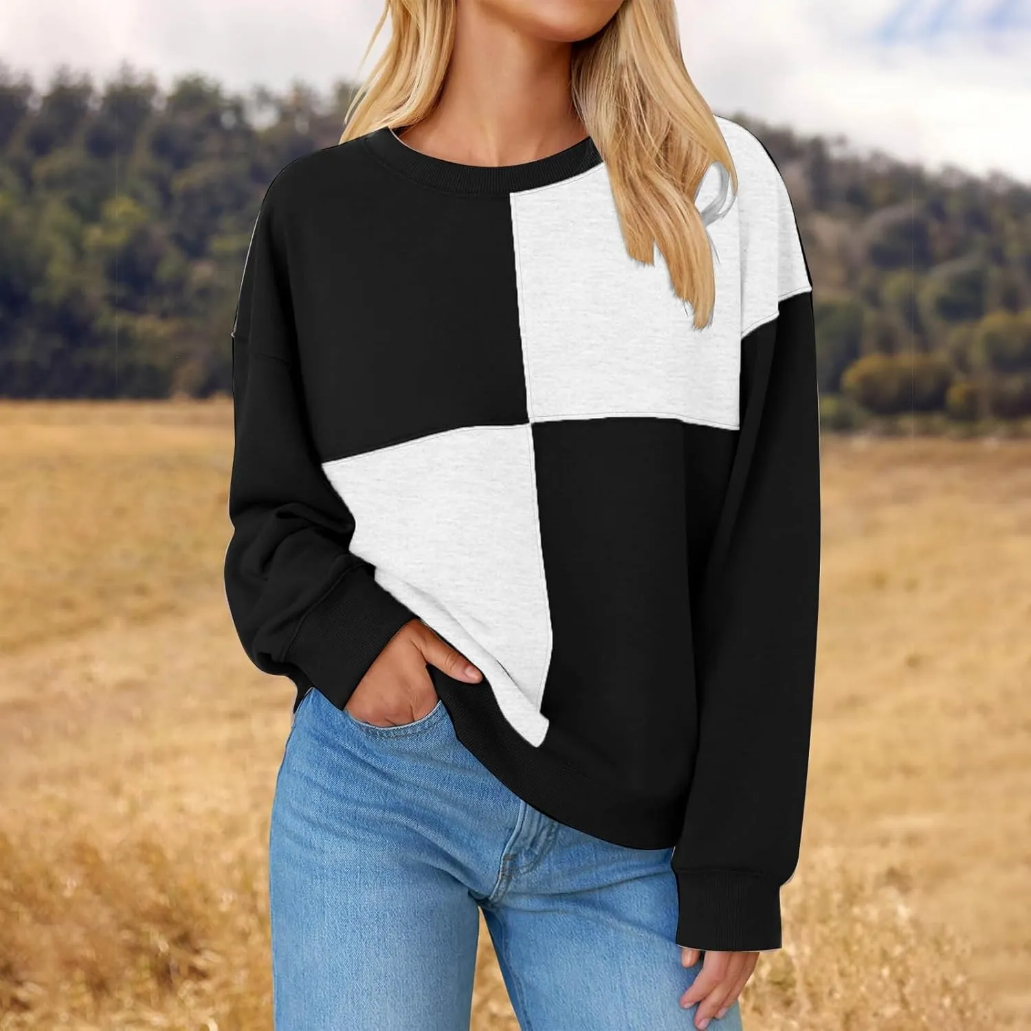 Oversized Sweatshirt For Women Cute Long Sleeve Creweck Color Block Pullover Tops Teen Girls Fall Fashion Outfits