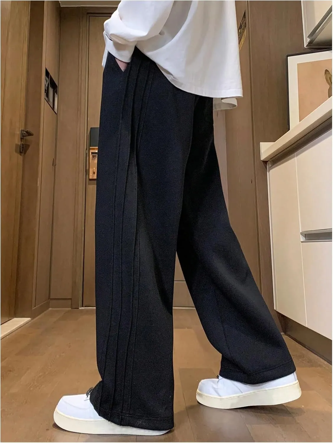 OYOANGLE Men's Textured Elastic Drawstring Waist Straight Leg Pants Casual Track Pants Sweatpants