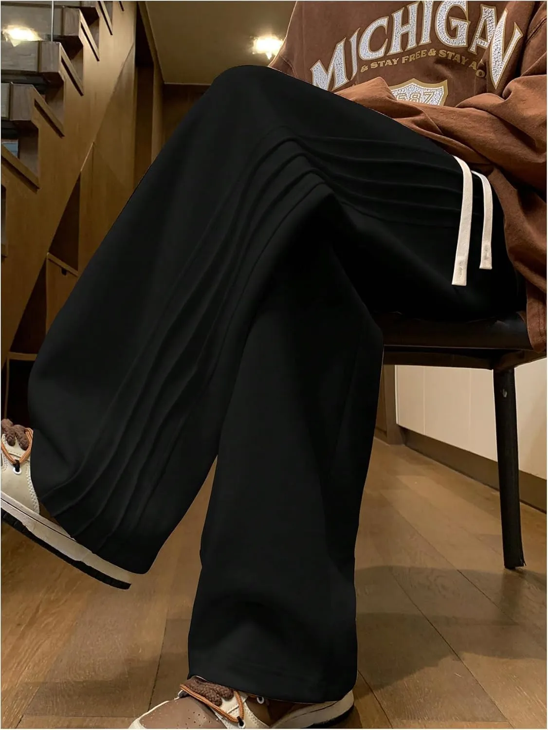 OYOANGLE Men's Textured Elastic Drawstring Waist Straight Leg Pants Casual Track Pants Sweatpants