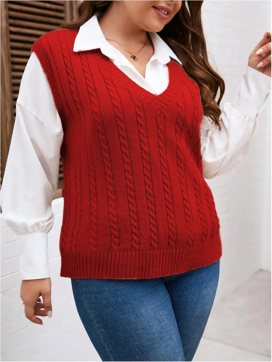 OYOANGLE Women's Plus Size Pullover Ribbed Solid Color Cable Knit Vest Top Sleeveless Stretch Sweater Vest