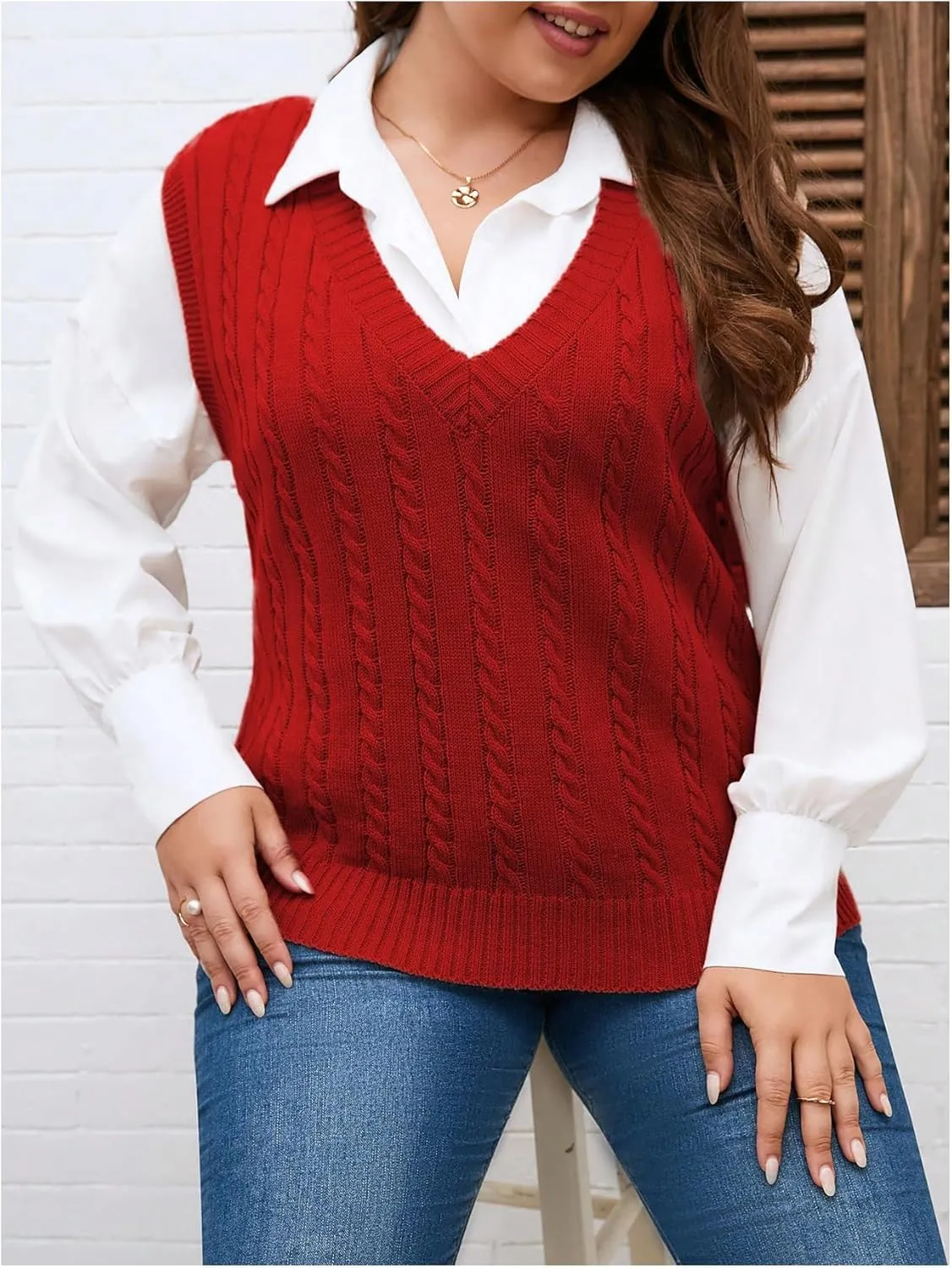 OYOANGLE Women's Plus Size Pullover Ribbed Solid Color Cable Knit Vest Top Sleeveless Stretch Sweater Vest