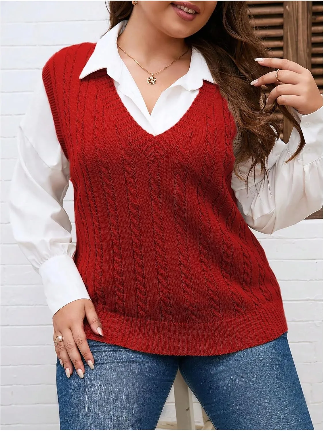 OYOANGLE Women's Plus Size Pullover Ribbed Solid Color Cable Knit Vest Top Sleeveless Stretch Sweater Vest