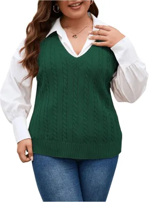 OYOANGLE Women's Plus Size Pullover Ribbed Solid Color Cable Knit Vest Top Sleeveless Stretch Sweater Vest