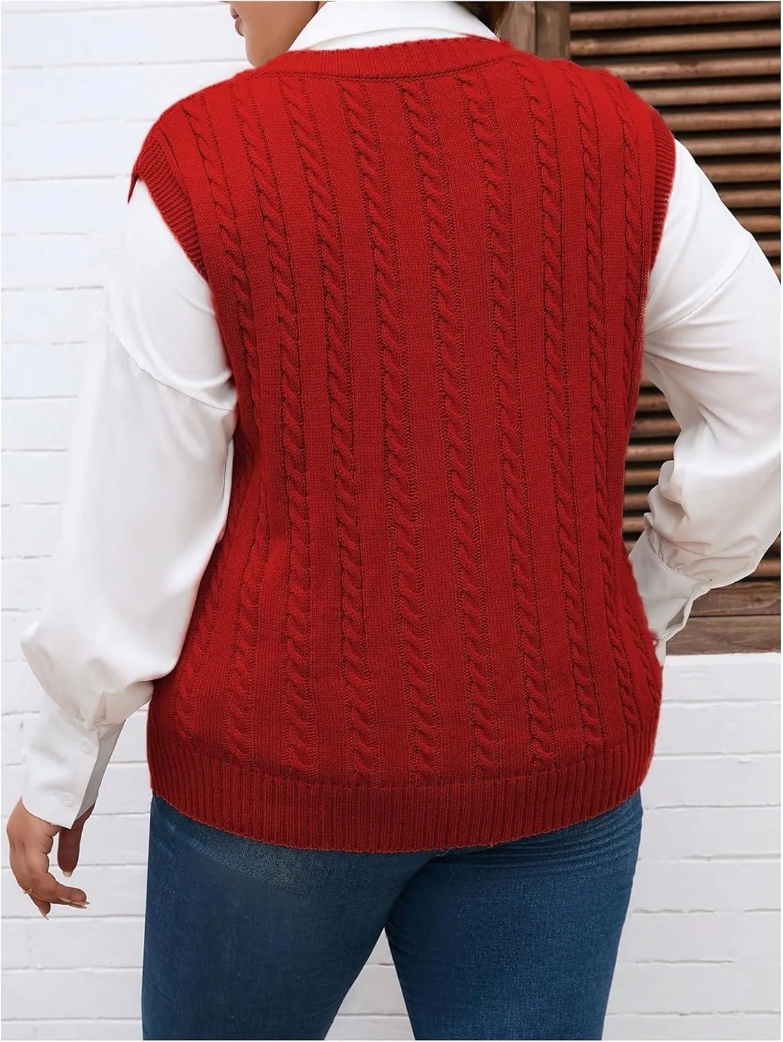 OYOANGLE Women's Plus Size Pullover Ribbed Solid Color Cable Knit Vest Top Sleeveless Stretch Sweater Vest
