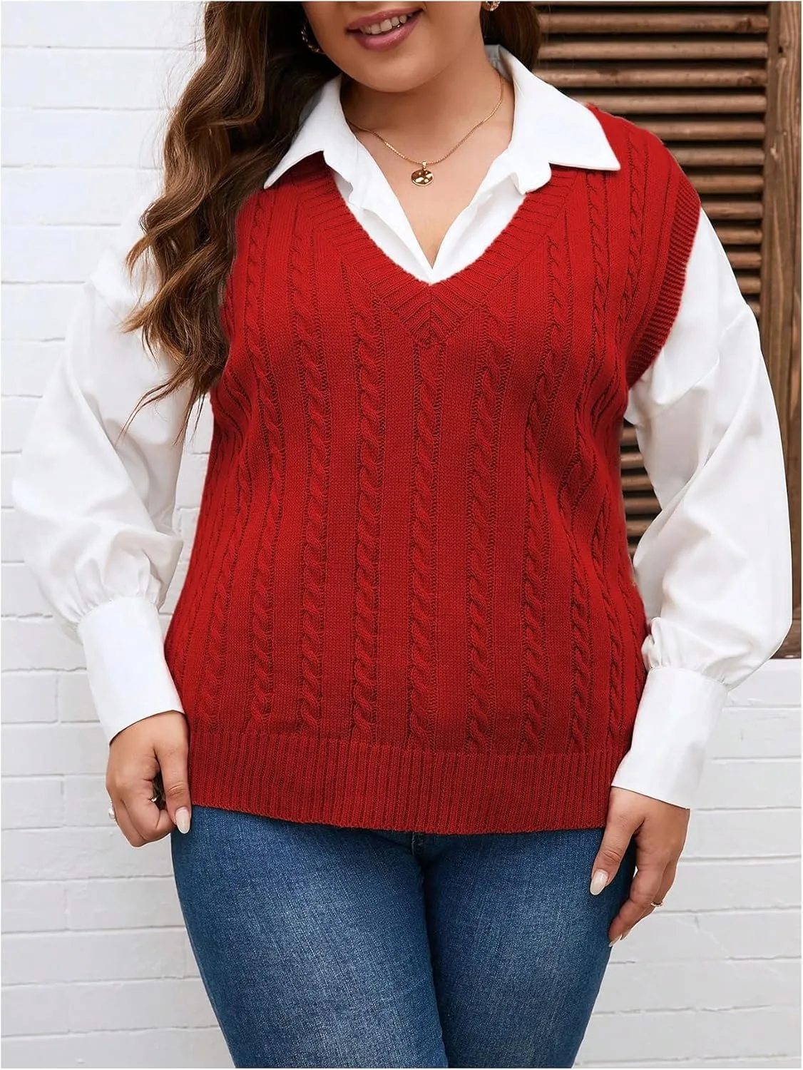 OYOANGLE Women's Plus Size Pullover Ribbed Solid Color Cable Knit Vest Top Sleeveless Stretch Sweater Vest
