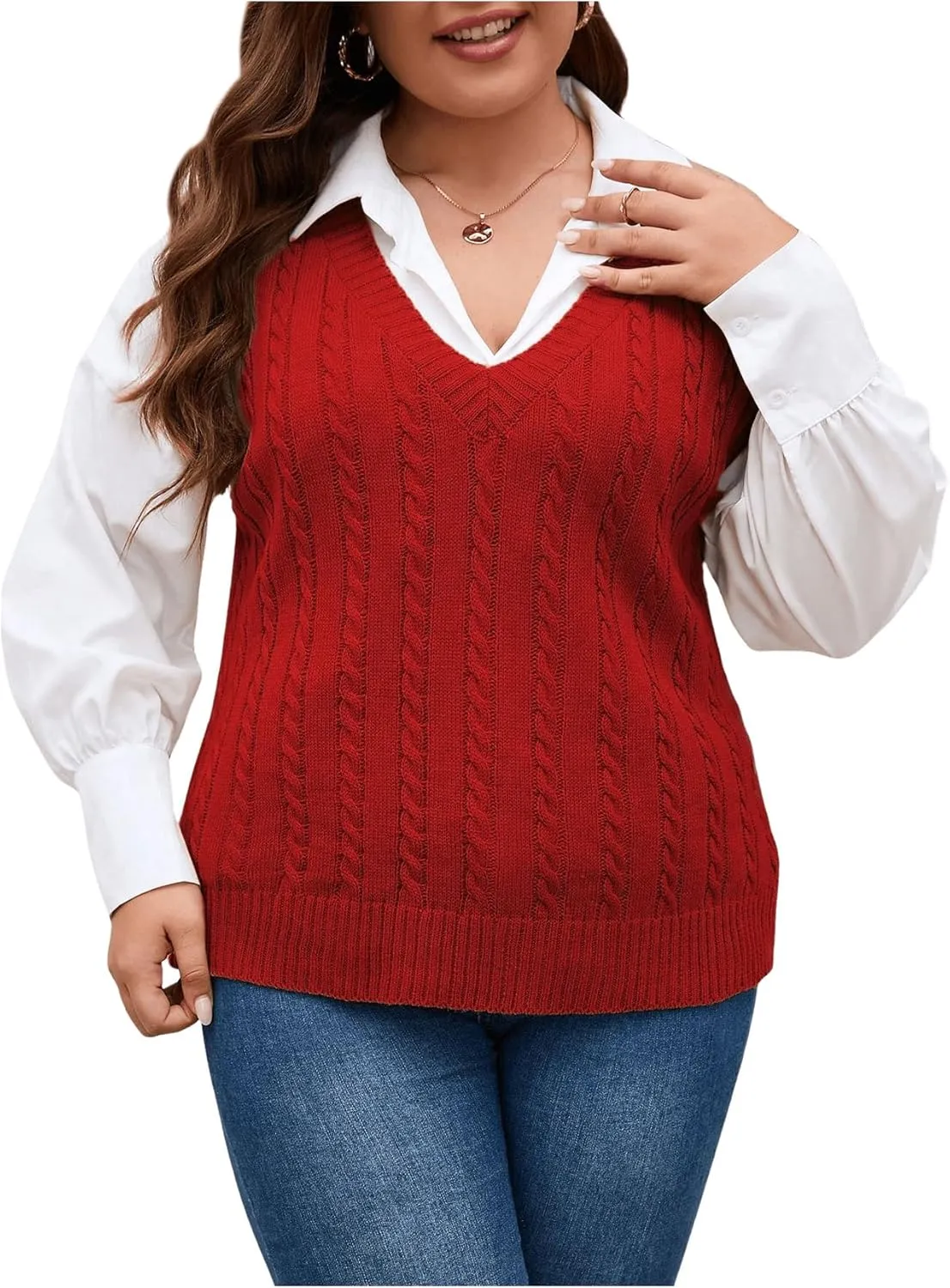 OYOANGLE Women's Plus Size Pullover Ribbed Solid Color Cable Knit Vest Top Sleeveless Stretch Sweater Vest