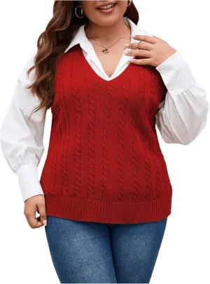 OYOANGLE Women's Plus Size Pullover Ribbed Solid Color Cable Knit Vest Top Sleeveless Stretch Sweater Vest