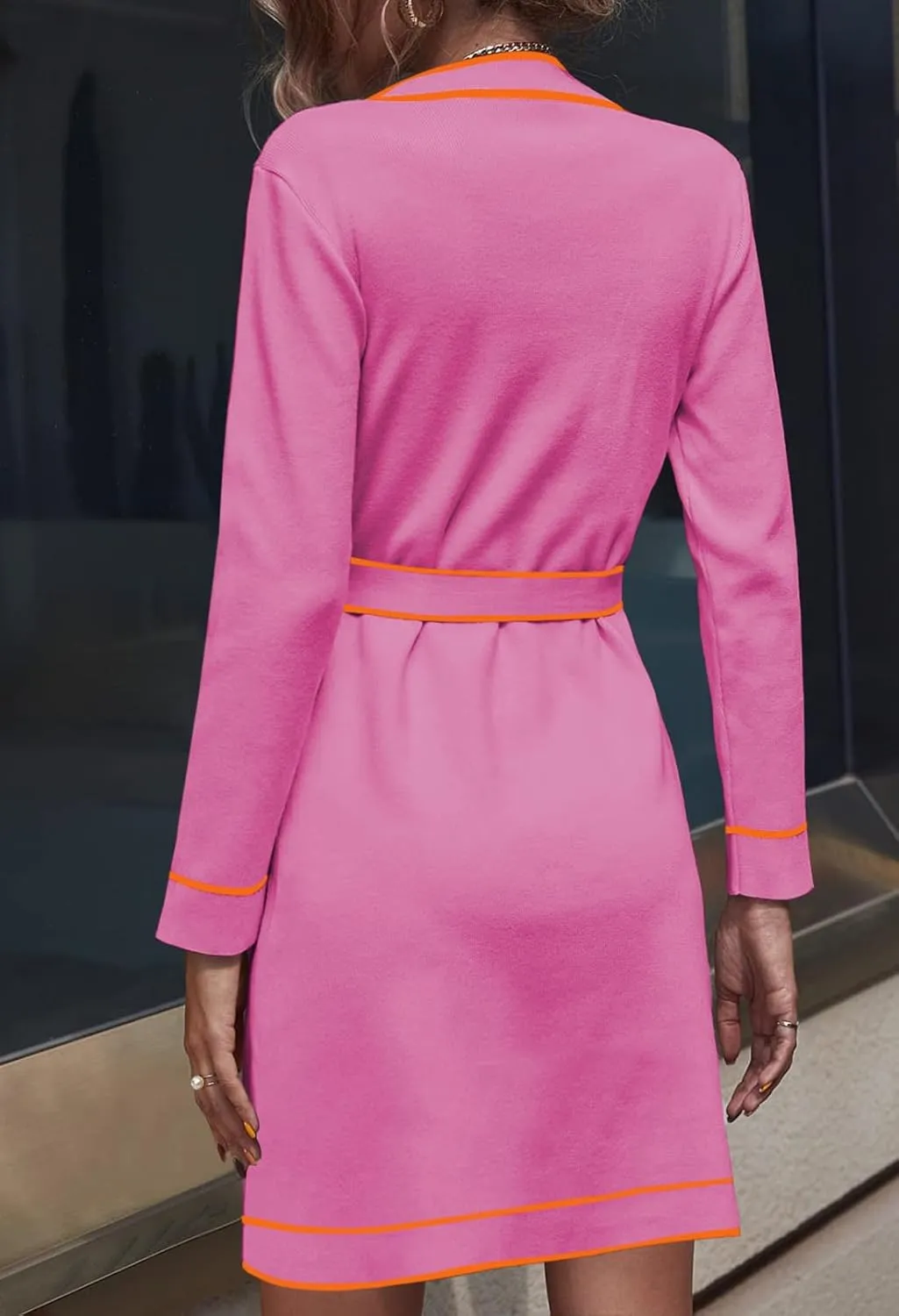 Pink Queen Women's Long Sleeve Button Down Mini Dress Elegant V Neck Open Front Color Block Knit Sweater Cardiagns with Belt