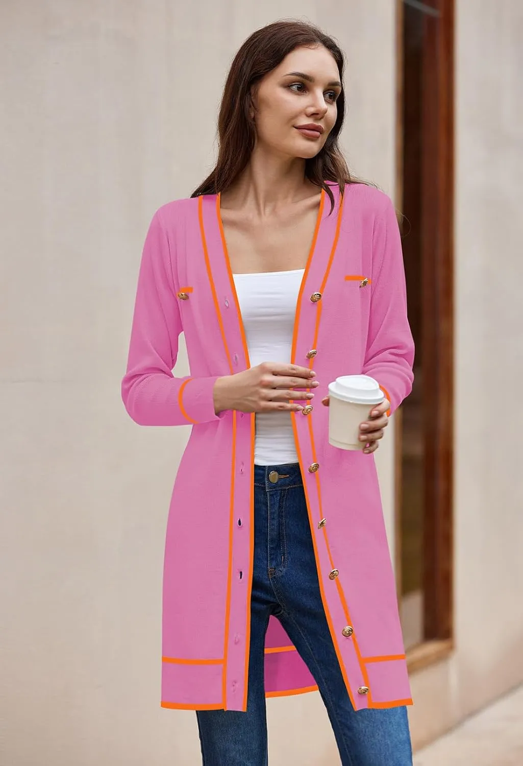 Pink Queen Women's Long Sleeve Button Down Mini Dress Elegant V Neck Open Front Color Block Knit Sweater Cardiagns with Belt