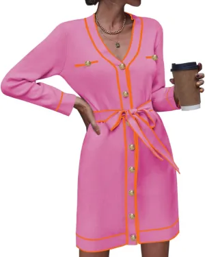 Pink Queen Women's Long Sleeve Button Down Mini Dress Elegant V Neck Open Front Color Block Knit Sweater Cardiagns with Belt